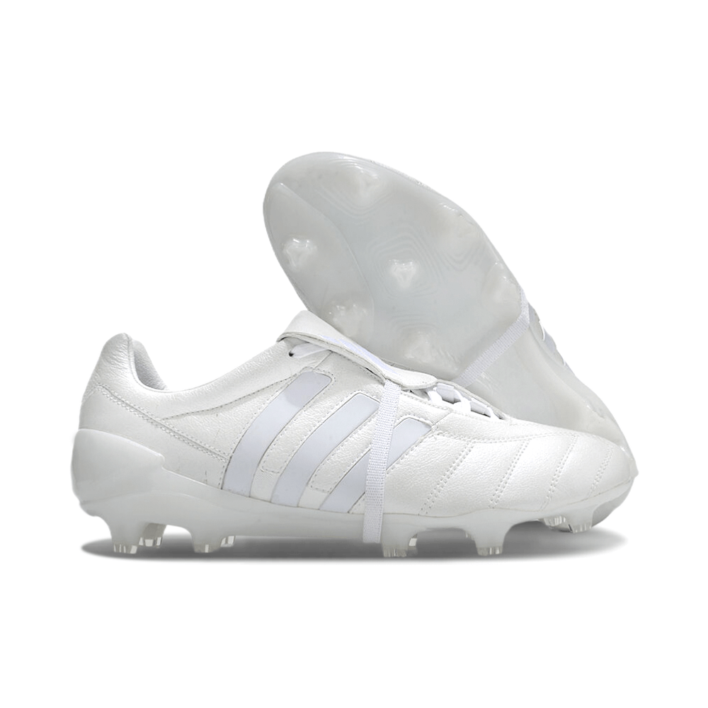 Chuteira Adidas Predator Mania Elite FG Branca - Campo, visão lateral com sola branca e detalhes texturizados.