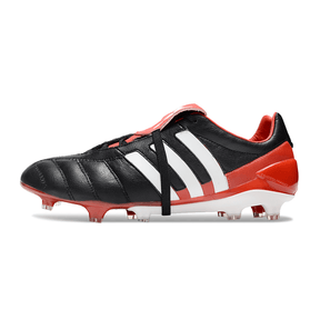 Chuteira Adidas Predator Mania Elite FG Preta e Vermelha com cabedal texturizado e design icônico.