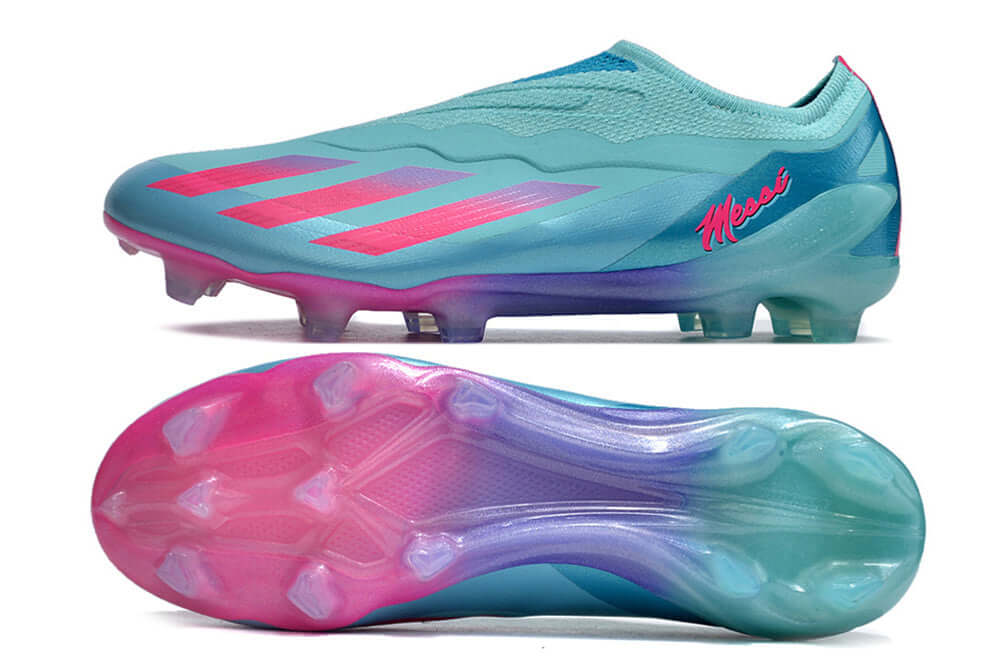 Chuteira Adidas X Crazyfast FG Elite .1 Rosa Miami em design azul e rosa, ideal para velocidade e controle no campo.