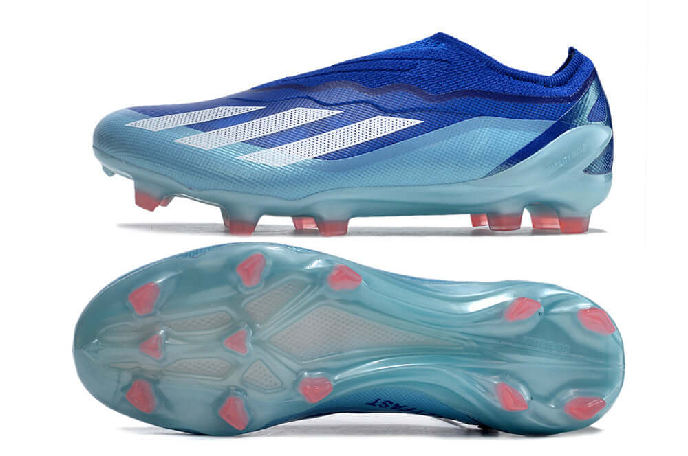 Chuteira Adidas X Crazyfast FG Elite .1 Azul vista lateral e inferior, ideal para velocidade e controle em campo.