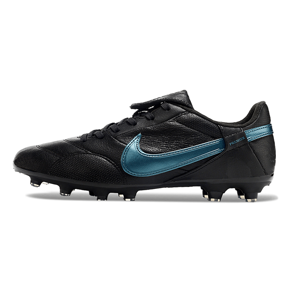 Chuteira Campo Nike Premier 3 FG Preto e Azul vista lateral, ideal para controle e conforto no futebol.