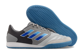 Chuteira Futsal Adidas Competition Top IC Cinza e Azul com design moderno e sola ideal para superfícies internas.