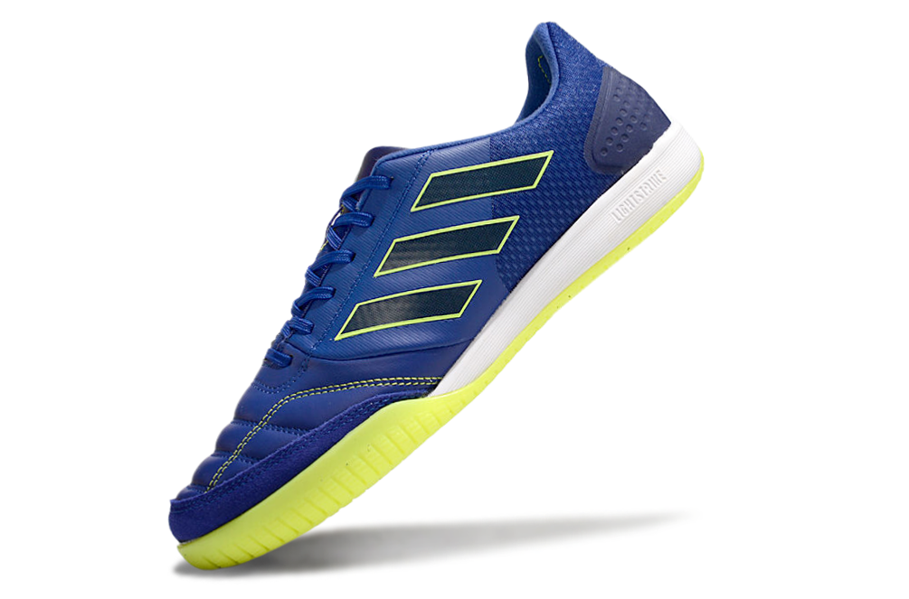 Chuteira Futsal Adidas Competition Top IC Azul e Amarela com design vibrante e tecnologia avançada.