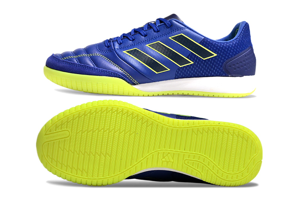 Chuteira Futsal Adidas Competition Top IC Azul e Amarela vista lateral e sola amarela.