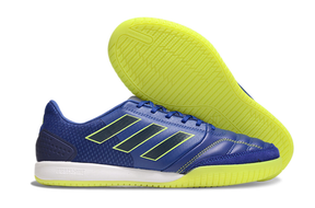 Chuteira Futsal Adidas Competition Top IC Azul e Amarela com design vibrante e sola amarela