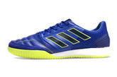 Chuteira Futsal Adidas Competition Top IC Azul e Amarela vista lateral com detalhes em azul e amarelo.