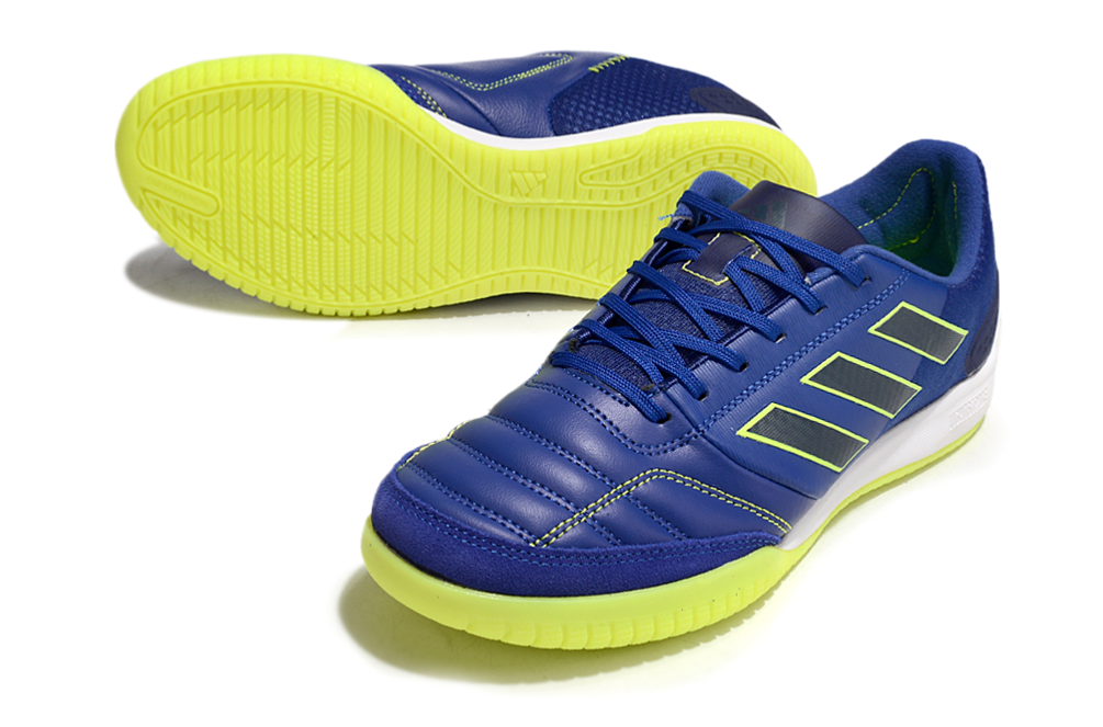 Chuteira Futsal Adidas Competition Top IC Azul e Amarela em azul e amarelo, ideal para performance em quadra.