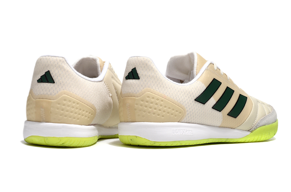 Chuteira Futsal Adidas Competition Top IC Bege e Amarela vista traseira com detalhes verdes e sola amarela.