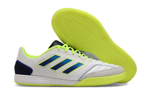 Chuteira Futsal Adidas Competition Top IC Branca e Amarela com sola verde e design vibrante.