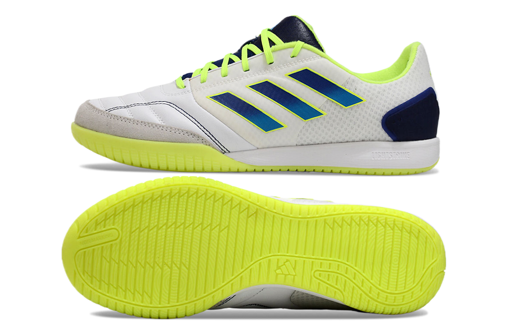 Chuteira Futsal Adidas Competition Top IC Branca e Amarela com design vibrante e sola antiderrapante.