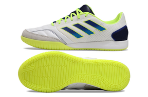 Chuteira Futsal Adidas Competition Top IC Branca e Amarela com design vibrante e sola antiderrapante.