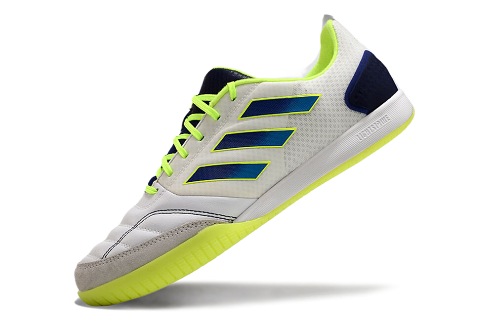 Chuteira Futsal Adidas Competition Top IC Branca e Amarela em destaque, perfeita para desempenho em quadra.