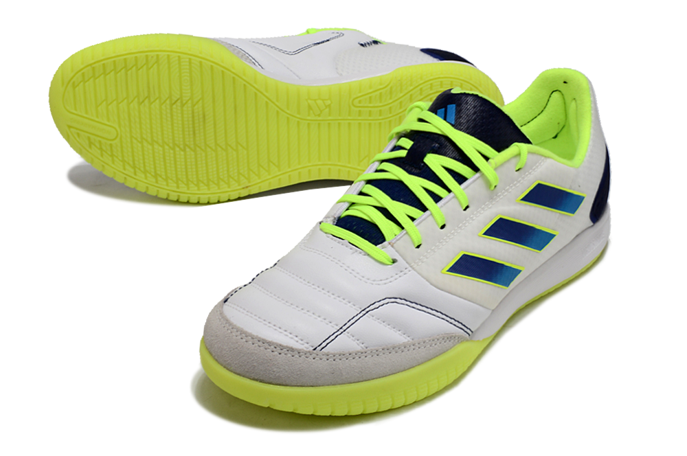 Chuteira Futsal Adidas Competition Top IC Branca e Amarela com design moderno e vibrante para desempenho em quadra.