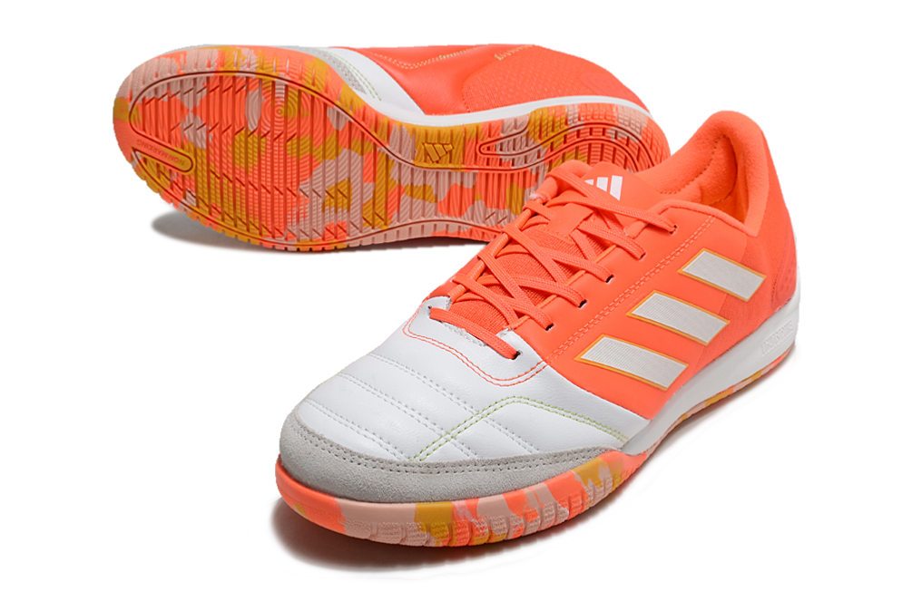 Chuteira Futsal Adidas Competition Top IC Branca e Laranja, design arrojado e tecnologia avançada para rendimento em quadra.