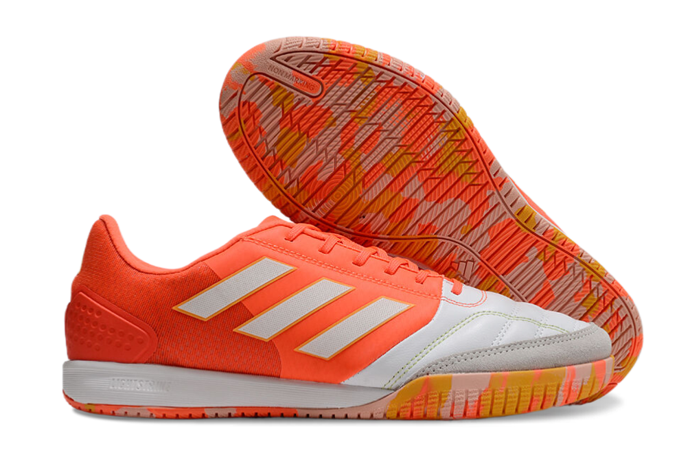 Chuteira Futsal Adidas Competition Top IC Branca e Laranja em design moderno e vibrante.