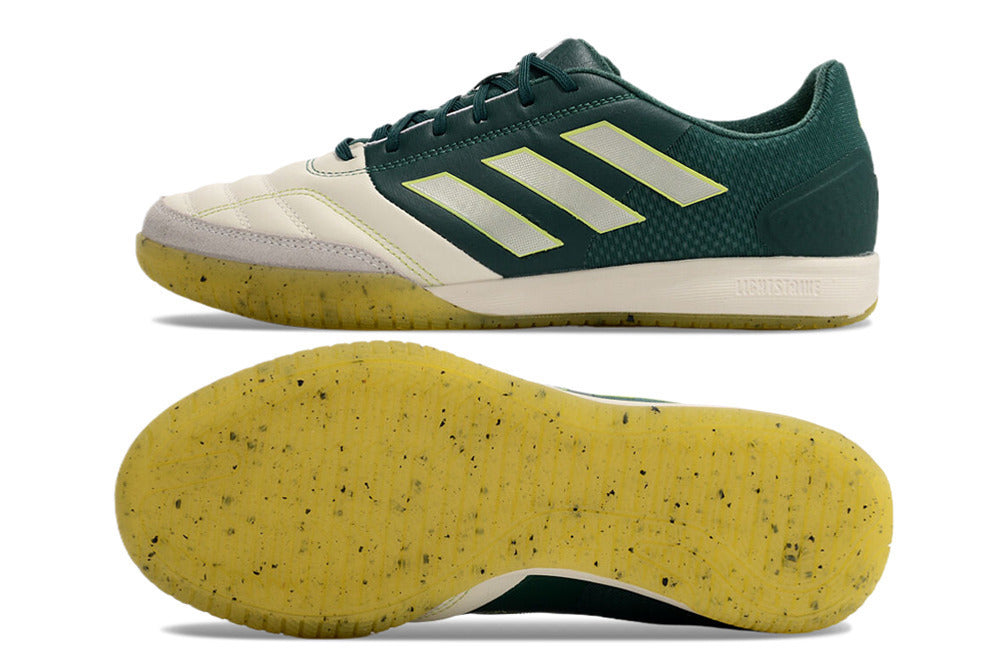 Chuteira Futsal Adidas Competition Top IC Branca e Verde, vista lateral e sola, ideal para futsal.