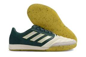 Chuteira Futsal Adidas Competition Top IC Branca e Verde com sola amarela e design aerodinâmico