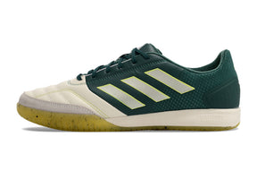 Chuteira Futsal Adidas Competition Top IC Branca e Verde em perfil, ideal para atuação em quadras interiores.