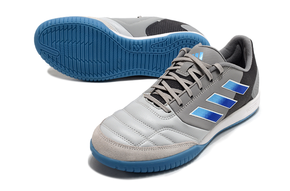 Chuteira Futsal Adidas Competition Top IC Cinza e Azul, ideal para futsal, com design moderno e tecnologia avançada.