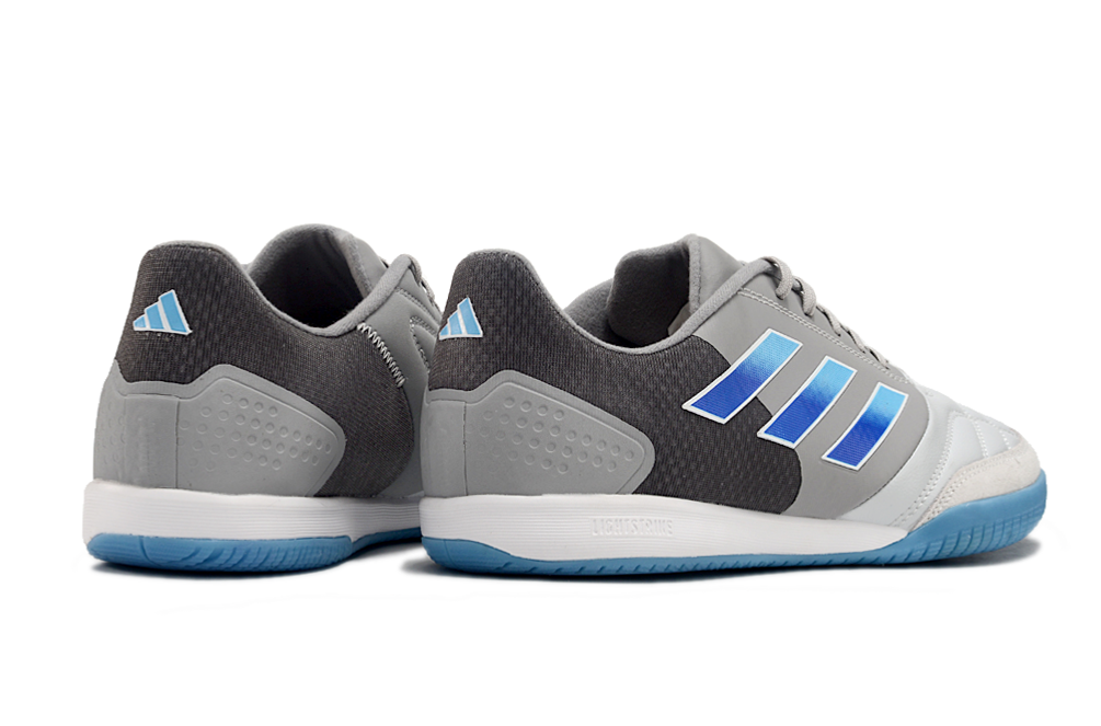 Chuteira Futsal Adidas Competition Top IC Cinza e Azul vista traseira com design moderno e tecnologia avançada.