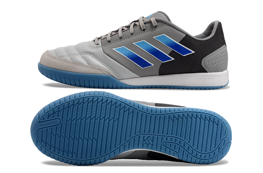 Chuteira Futsal Adidas Competition Top IC Cinza e Azul com design elegante e sola interior.