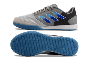 Chuteira Futsal Adidas Competition Top IC Cinza e Azul com design elegante e sola interior.