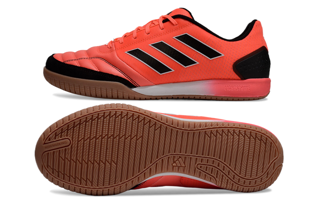 Chuteira Futsal Adidas Competition Top IC Laranja e Preta com solado em borracha, design inovador e confortável.