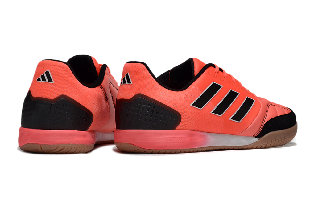 Chuteira Futsal Adidas Competition Top IC Laranja e Preta vista traseira com design vibrante e moderno.