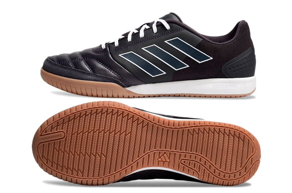 Chuteira Futsal Adidas Competition Top IC Preta e Branca vista lateral e sola em detalhes