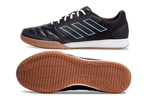 Chuteira Futsal Adidas Competition Top IC Preta e Branca vista lateral e sola em detalhes