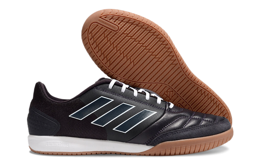 Chuteira Futsal Adidas Competition Top IC Preta e Branca com design elegante e sola em borracha