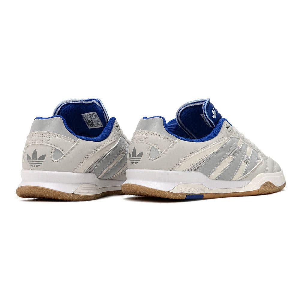 Chuteira Futsal Adidas Copa Mundial IC Branca e Azul vista traseira com detalhes modernos