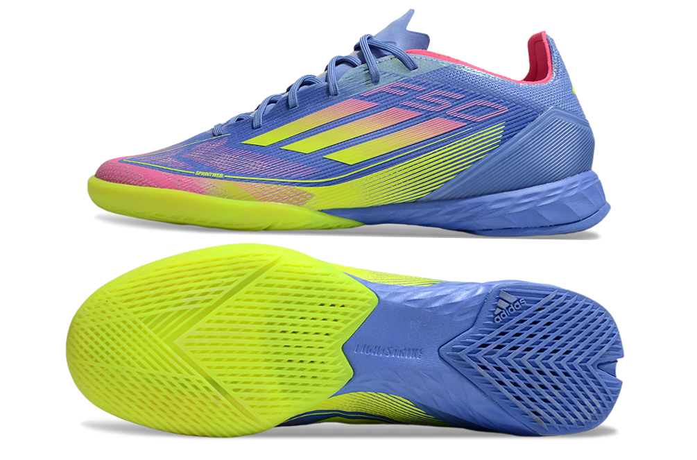 Chuteira Futsal Adidas F50 IC Azul e Amarela, design energético e cores vibrantes para desempenho em quadra.