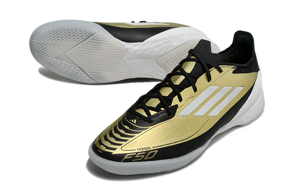 Chuteira Futsal Adidas F50 IC Dourada "Messi" com design elegante e tecnologia avançada para jogadores de futsal.
