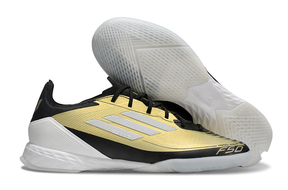 Chuteira Futsal Adidas F50 IC Dourada "Messi" com design elegante e tecnologia para futsal