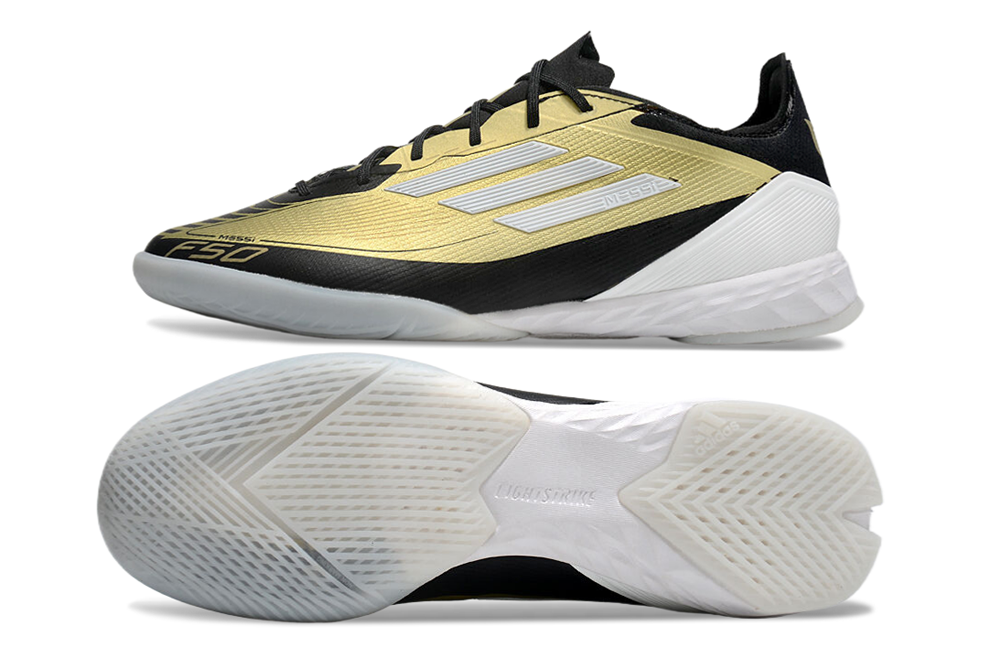Chuteira Futsal Adidas F50 IC Dourada "Messi" com design premium e tecnologia para futsal em interiores.