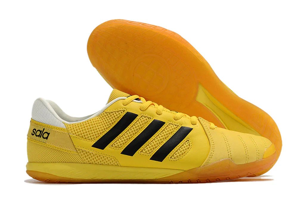 Chuteira Futsal Adidas Top Sala IC Amarelo e Preto vista lateral com sola laranja.