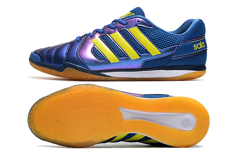Chuteira Futsal Adidas Top Sala IC Azul Escuro com design moderno e sola IC para desempenho em quadras internas.