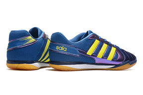 Chuteira Futsal Adidas Top Sala IC Azul Escuro com detalhes em amarelo e sola para quadras internas