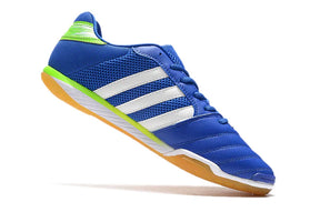 Chuteira Futsal Adidas Top Sala IC Azul e Verde lado esquerdo com detalhes em verde e sola IC para alto desempenho em futsal.