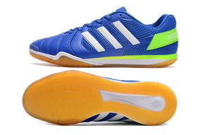 Chuteira Futsal Adidas Top Sala IC Azul e Verde, com sola IC e design inovador para futsal de alto desempenho.