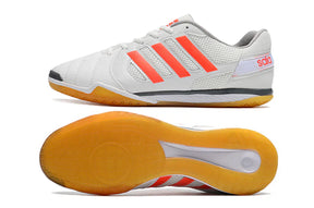 Chuteira Futsal Adidas Top Sala IC Branca e Laranja vista lateral e inferior