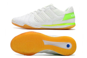 Chuteira Futsal Adidas Top Sala IC Branca e Verde vista lateral e sola, ideal para jogadores em pisos internos.