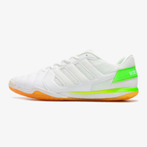 Chuteira Futsal Adidas Top Sala IC Branca e Verde em perfil lateral, ideal para jogos em piso interno.