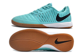 Chuteira Futsal Nike Lunar Gato IC - Azul e Preta vista lateral e inferior, design em azul e preto.