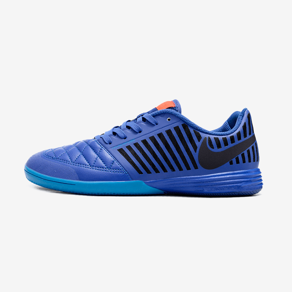 Chuteira Futsal Nike Lunar Gato IC - Azul Escuro e Preta, design moderno e tração excepcional para o futsal.