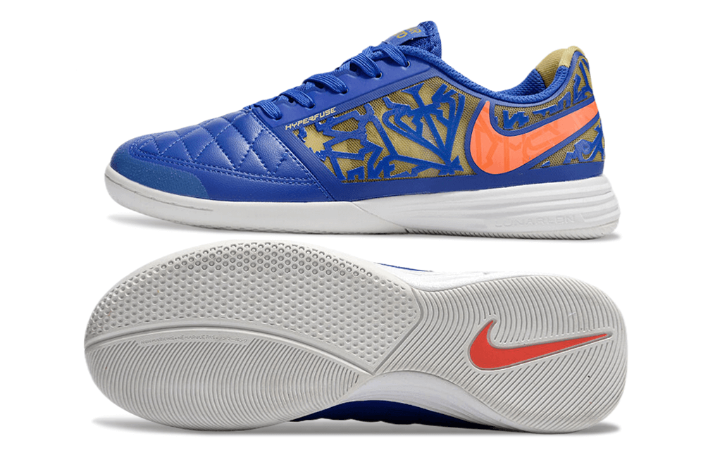 Chuteira Futsal Nike Lunar Gato IC - Azul, laranja e Dourada para performance em quadras indoor.