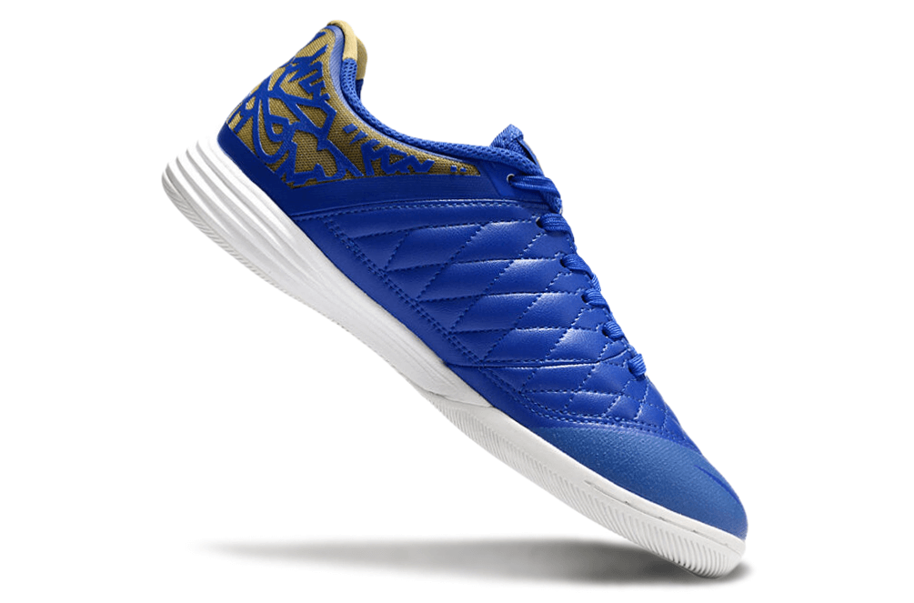 Chuteira Futsal Nike Lunar Gato IC - Azul, laranja e Dourada com design vibrante e tecnologia avançada.