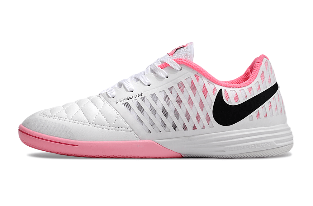 Chuteira Futsal Nike Lunar Gato IC - Branco e Rosa lateral com detalhes em preto e rosa.