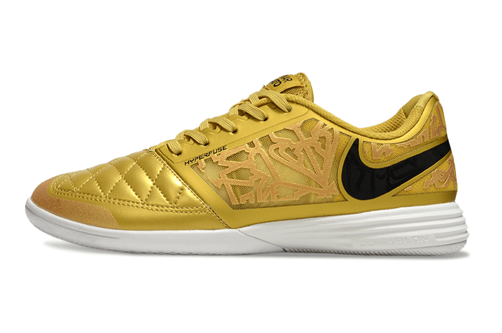 Chuteira Futsal Nike Lunar Gato IC - Dourada em design premium, ideal para quadras indoor.